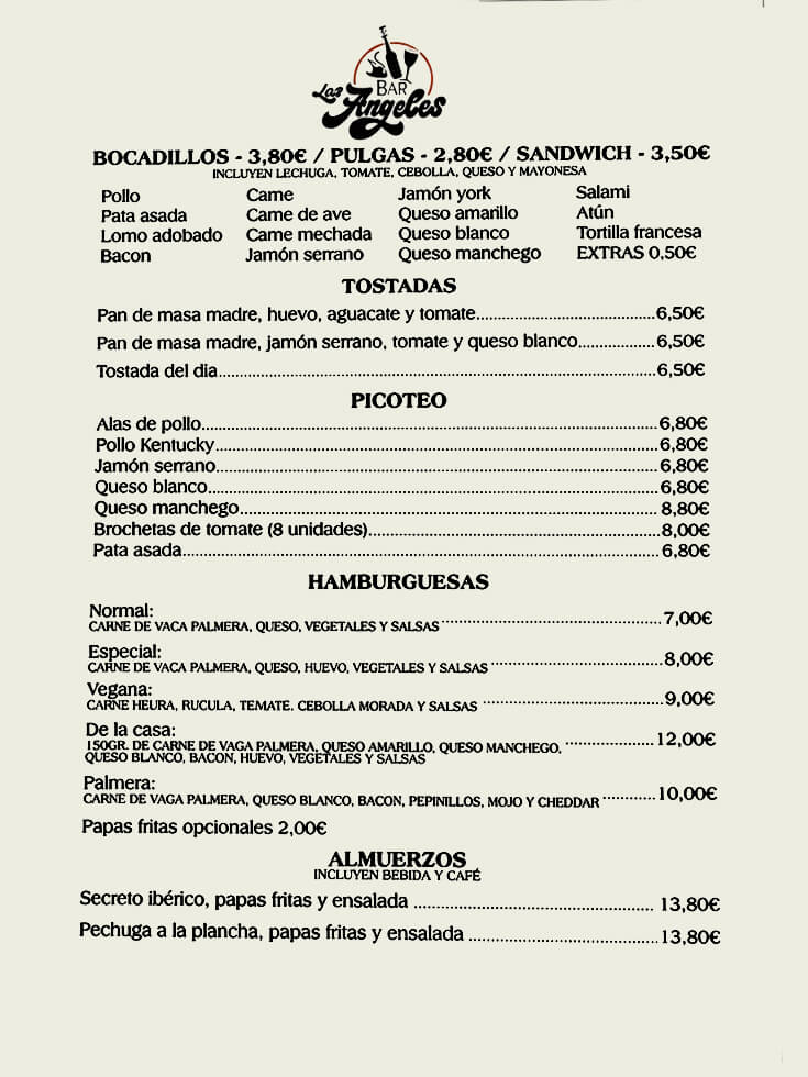 Carta de Bar Los Ángeles: bocadillos, tostadas, picoteo, hamburguesas y almuerzos